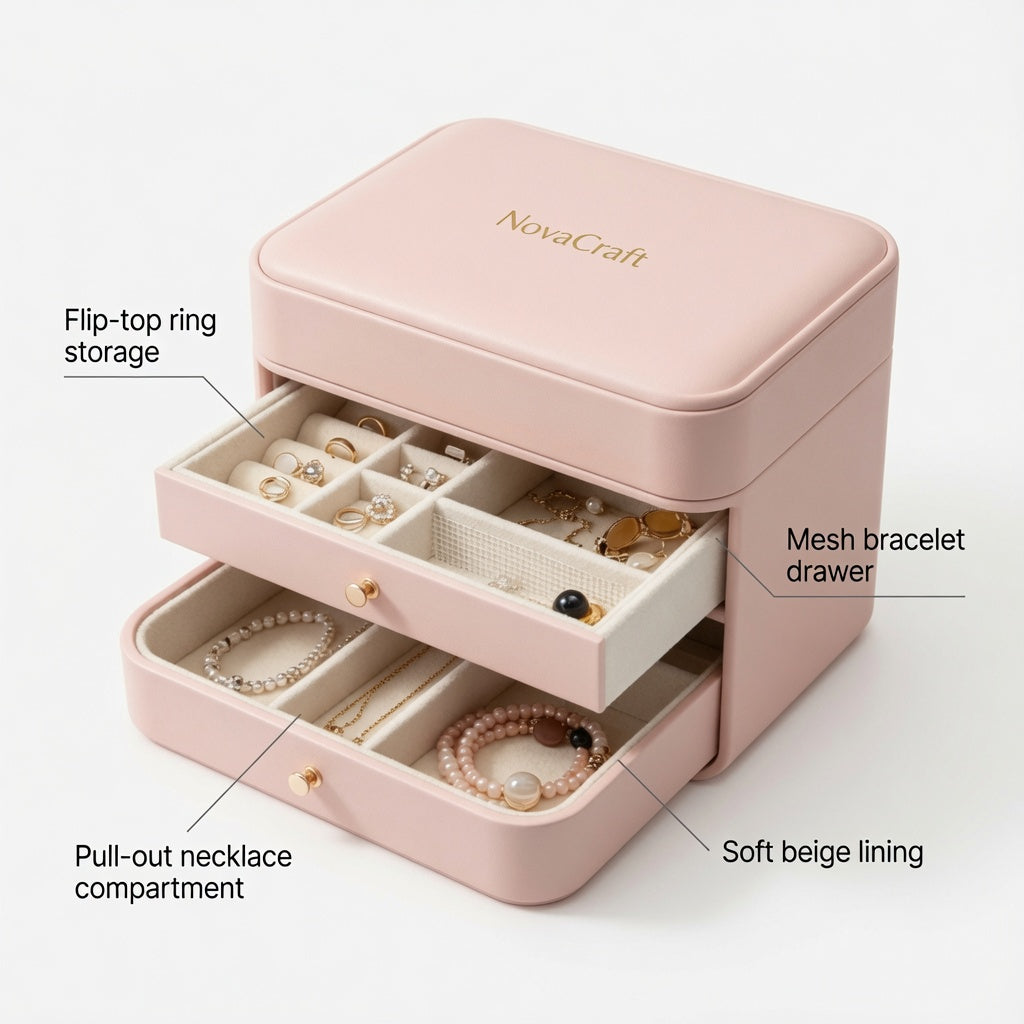NovaCraft Pink Multi-Layer Flip Jewelry Box